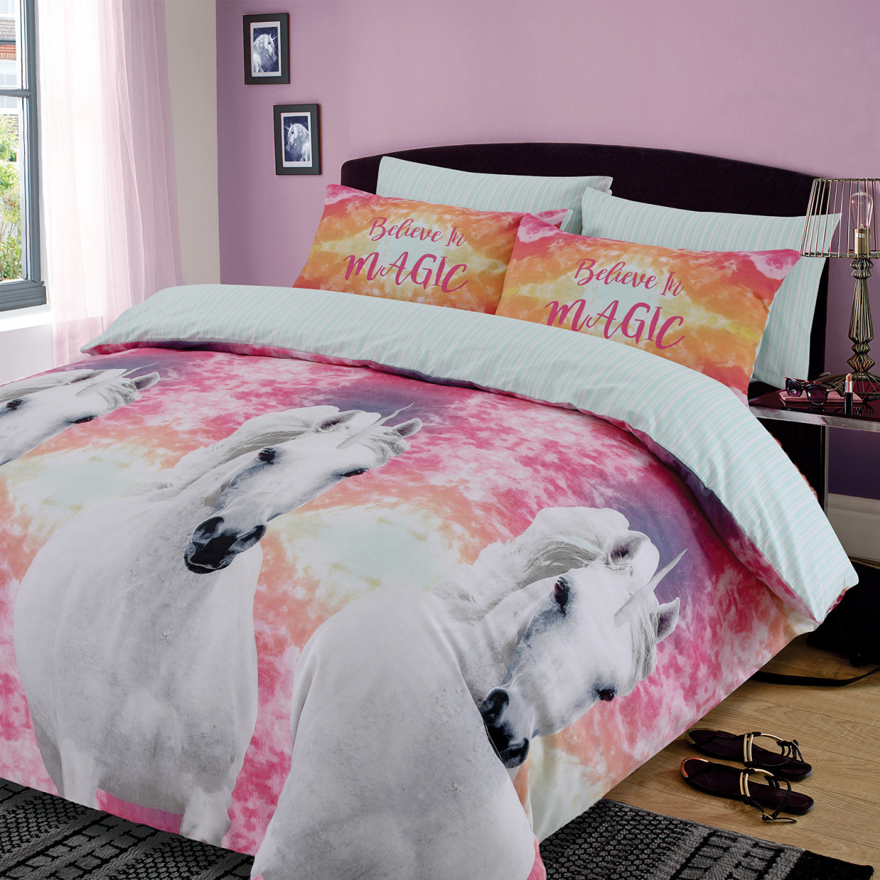 Dreamscene Unicorn Magic Duvet Cover with Pillowcase Reversible Kids Stripe Bedding Set, Pink Blue Grey - Double>