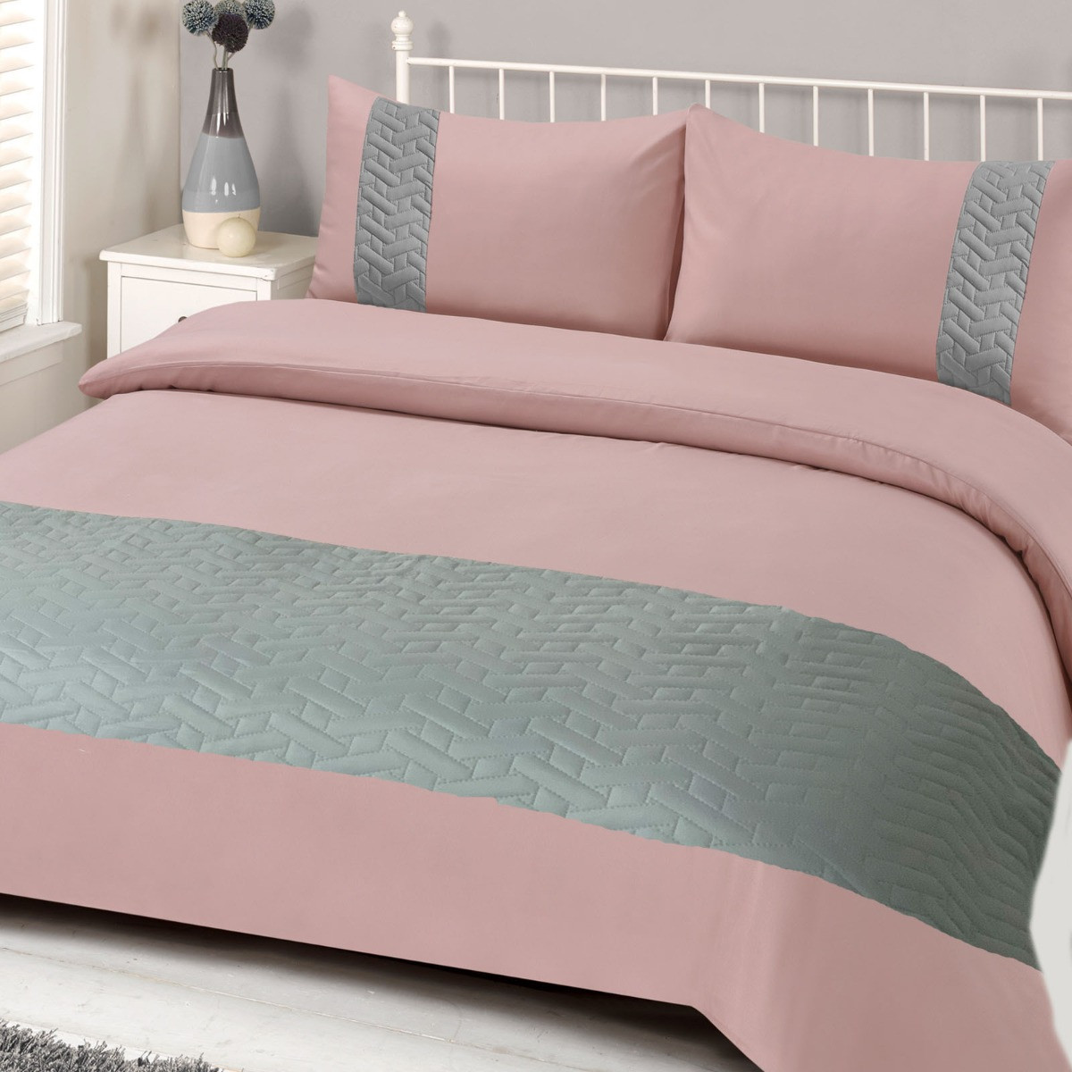 Brentfords Pinsonic Duvet Cover Bedding Set, Blush Pink - Double>