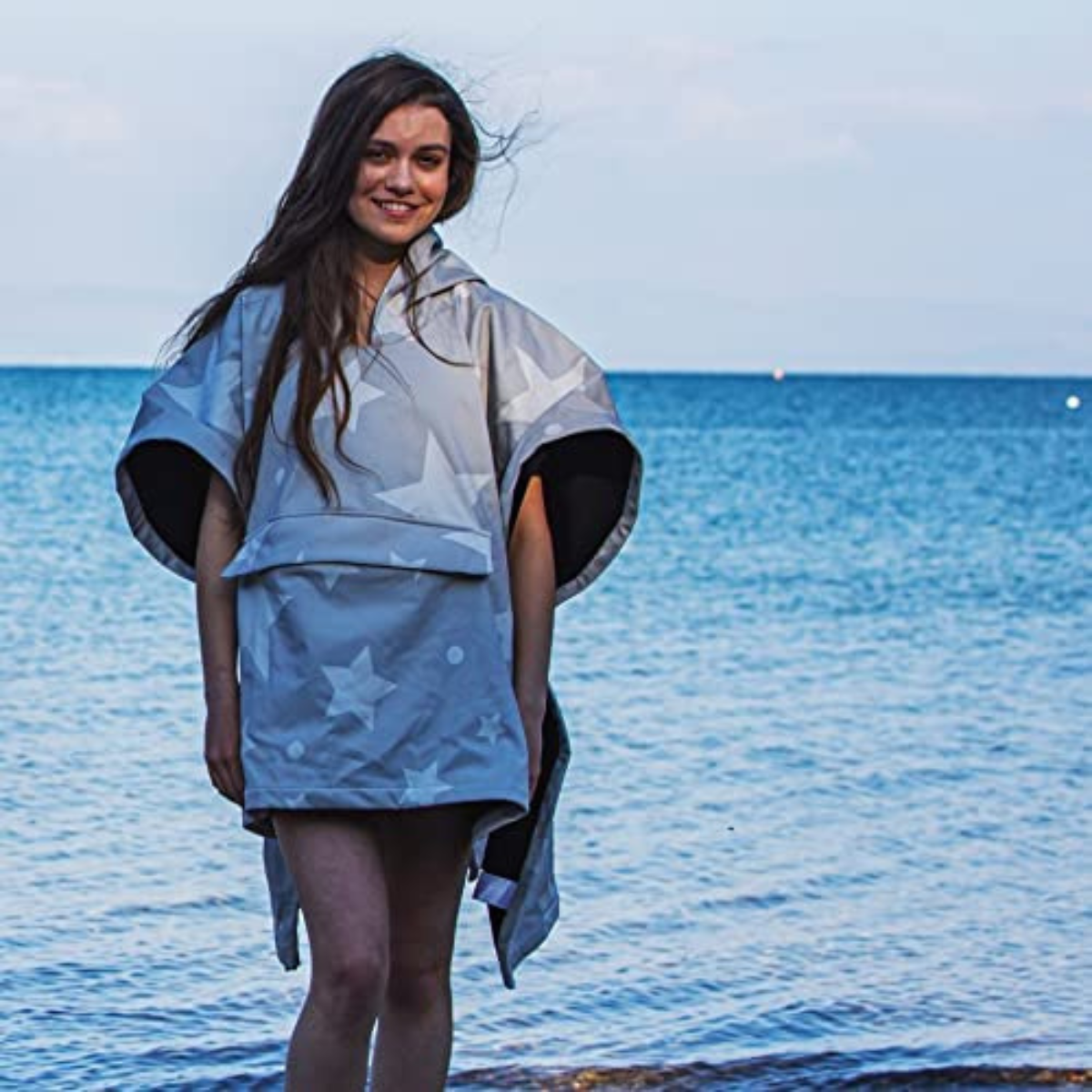 Waterproof 3 in 1 Star Print Towel Poncho - Grey >