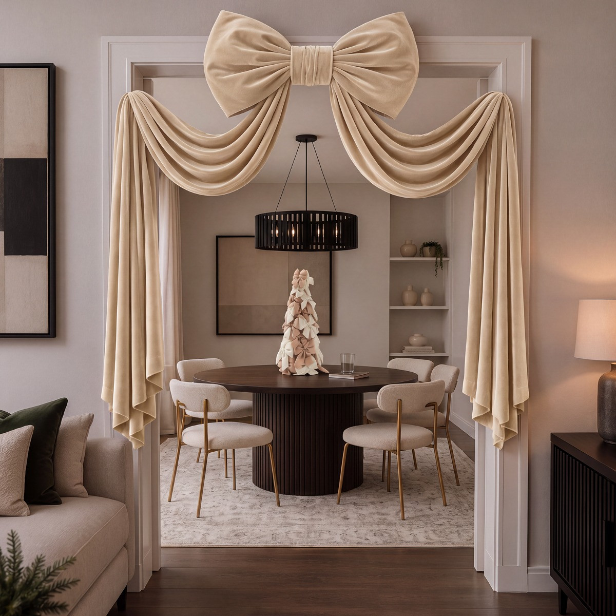 OHS Velvet Christmas Tree Bow - Cream>