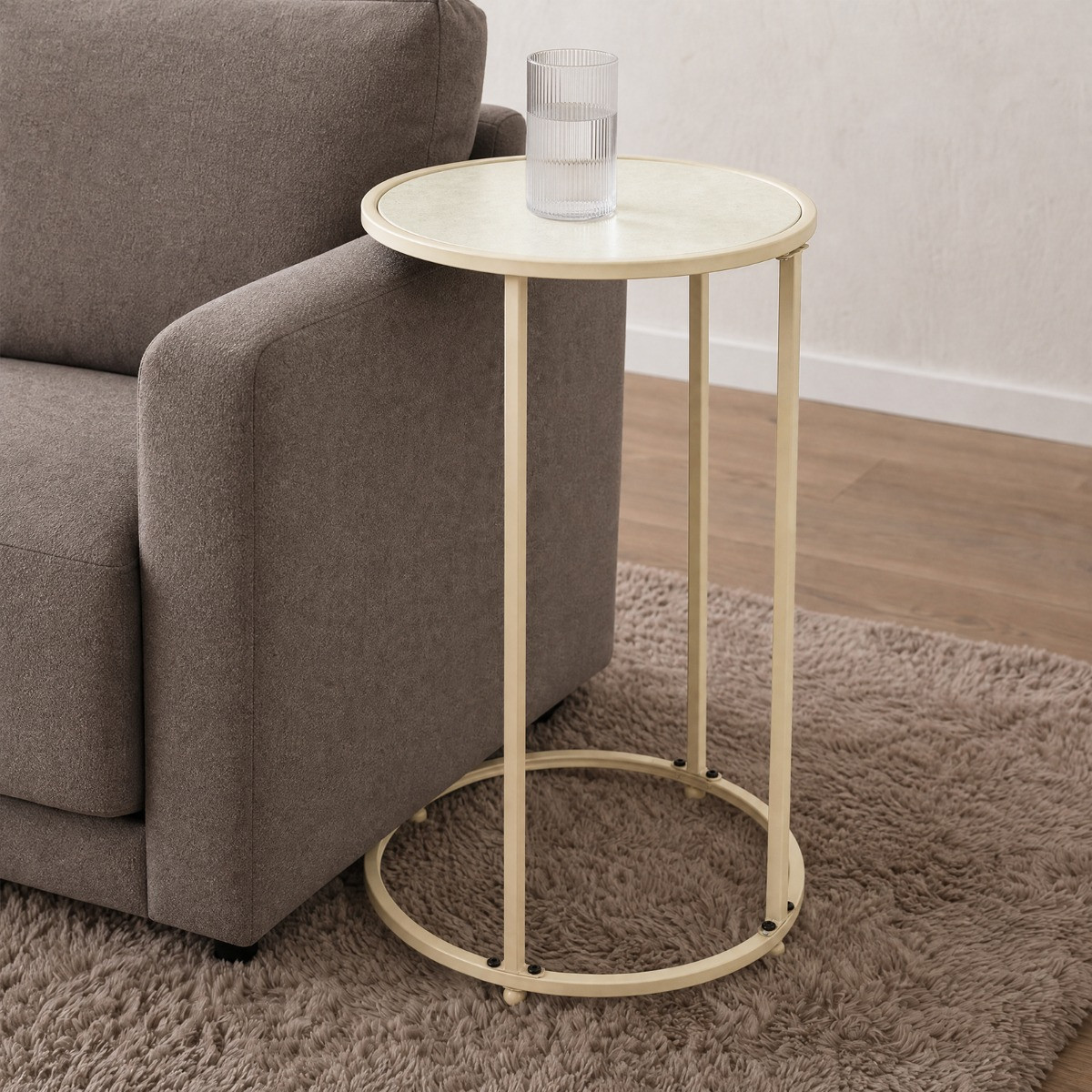 OHS Travertine Effect Round C Shape Side Table - Cream>