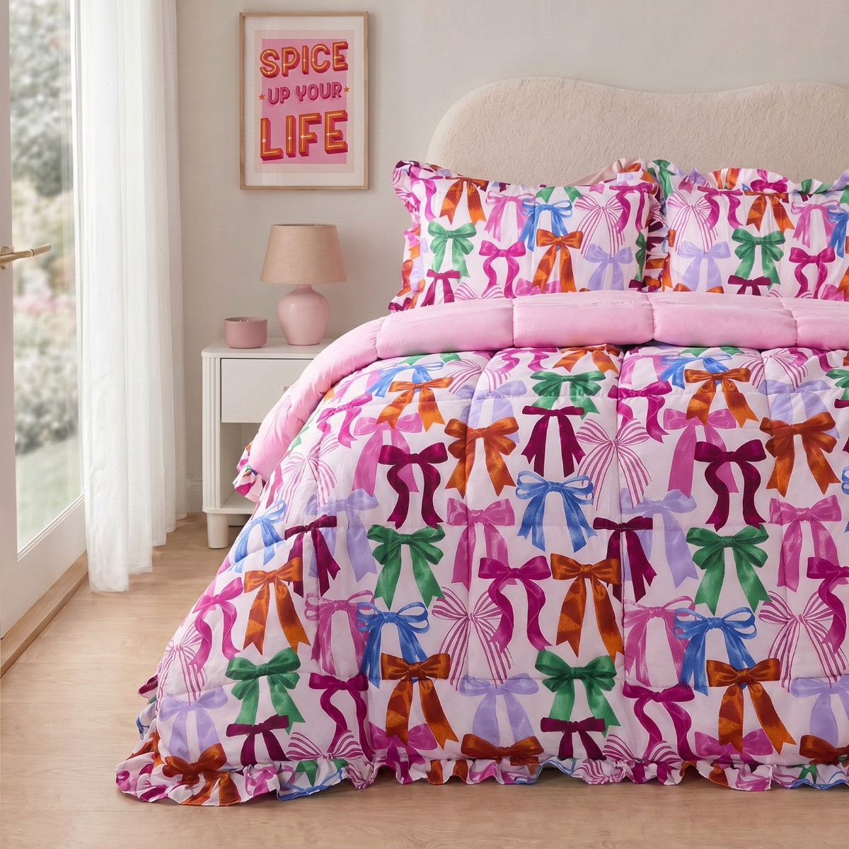 OHS Multi Bow Print Frill Edge 7.5 Tog Coverless Duvet Set - Multi>
