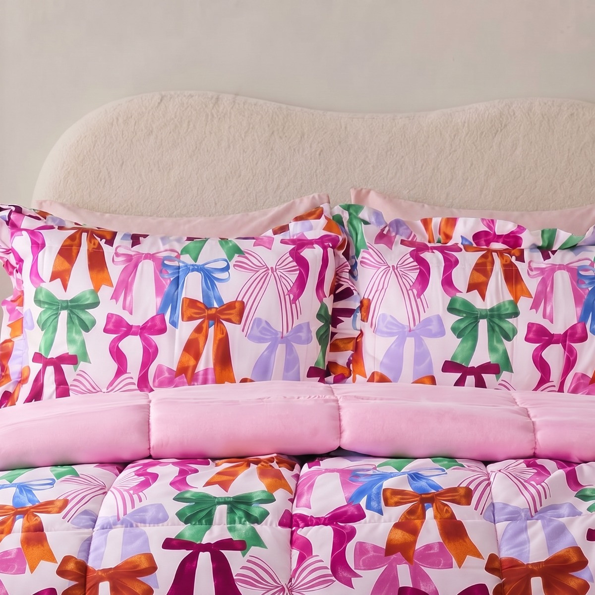 OHS Multi Bow Print Frill Edge 7.5 Tog Coverless Duvet Set - Multi>