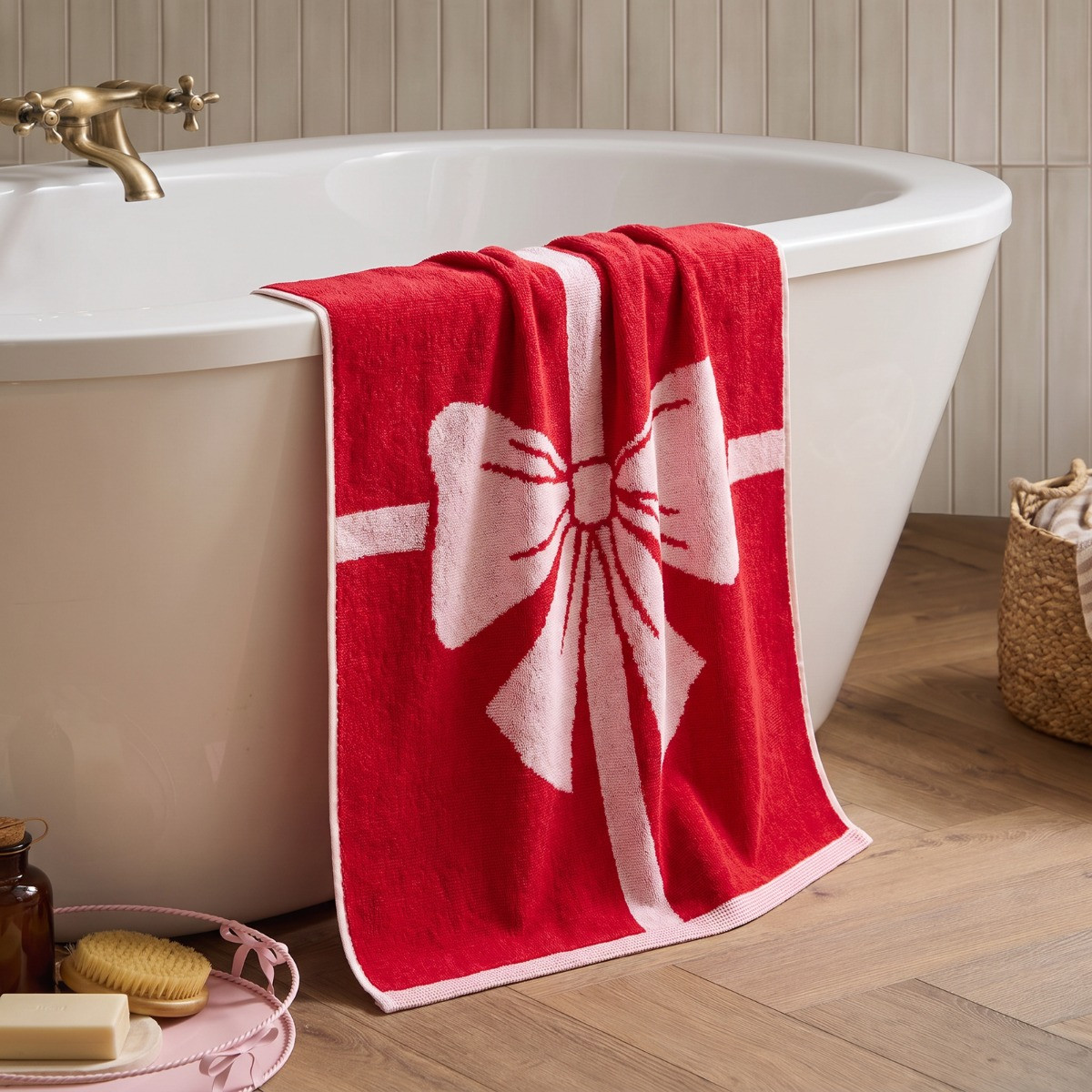OHS 100% Cotton Elegant Bow Jacquard Towel - Red>