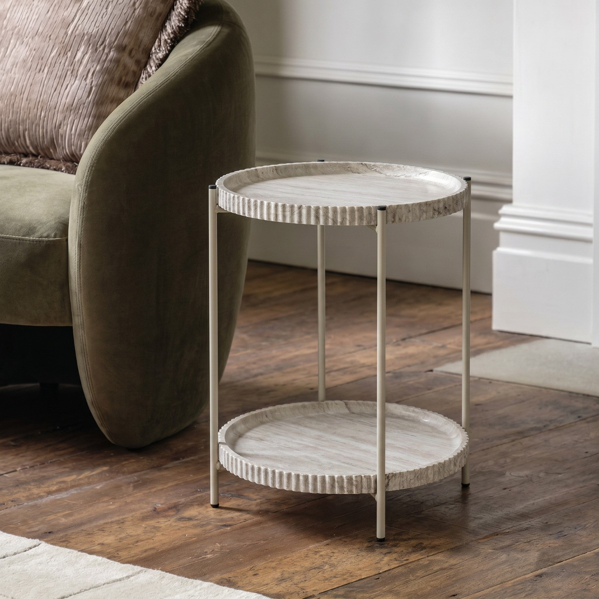 OHS Travertine Effect Two-Layer Ribbed Tray Side Table - Cream>