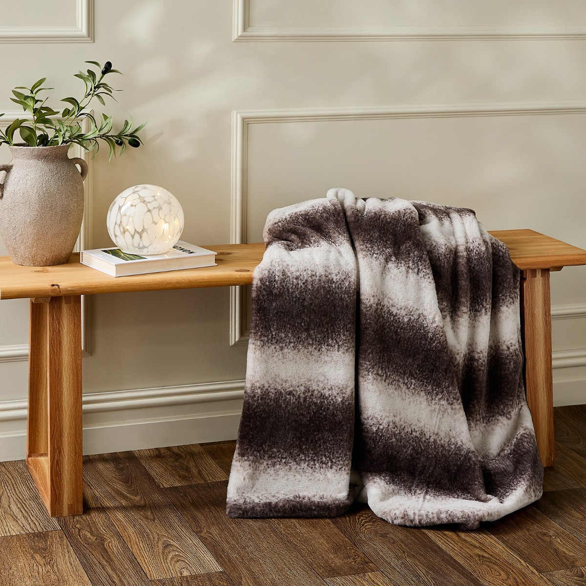 OHS Faux Fur Stripe Throw - Brown>