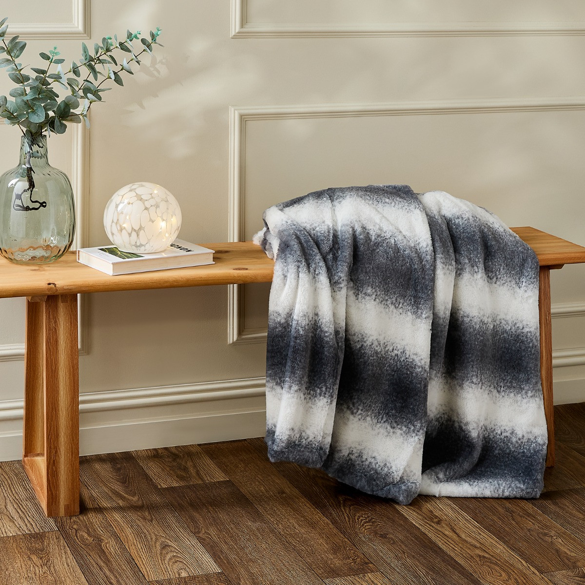 OHS Faux Fur Stripe Throw - Grey>