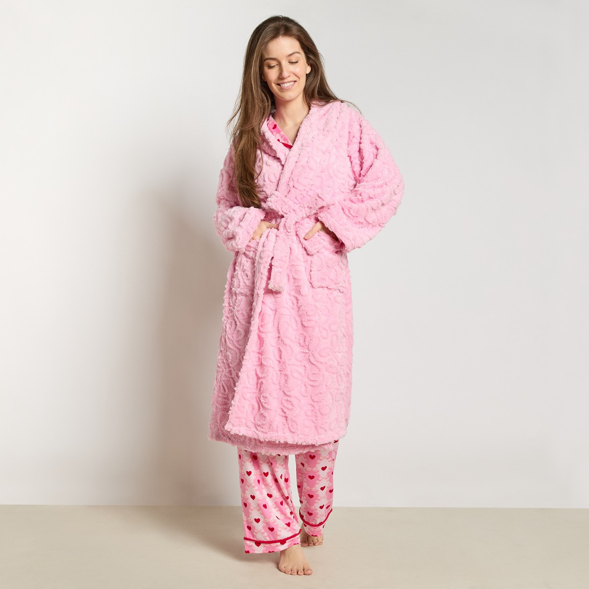 OHS Tufted Bows Fleece Dressing Gown, Adults - Pink>
