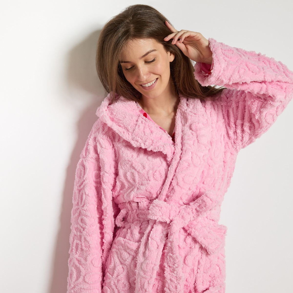 OHS Tufted Bows Fleece Dressing Gown, Adults - Pink>
