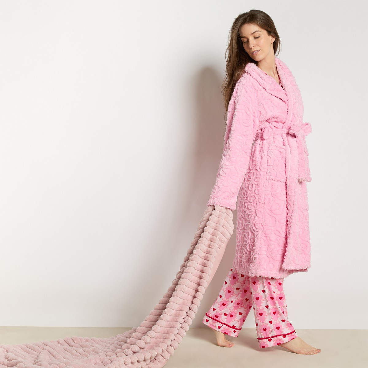 OHS Tufted Bows Fleece Dressing Gown, Adults - Pink>