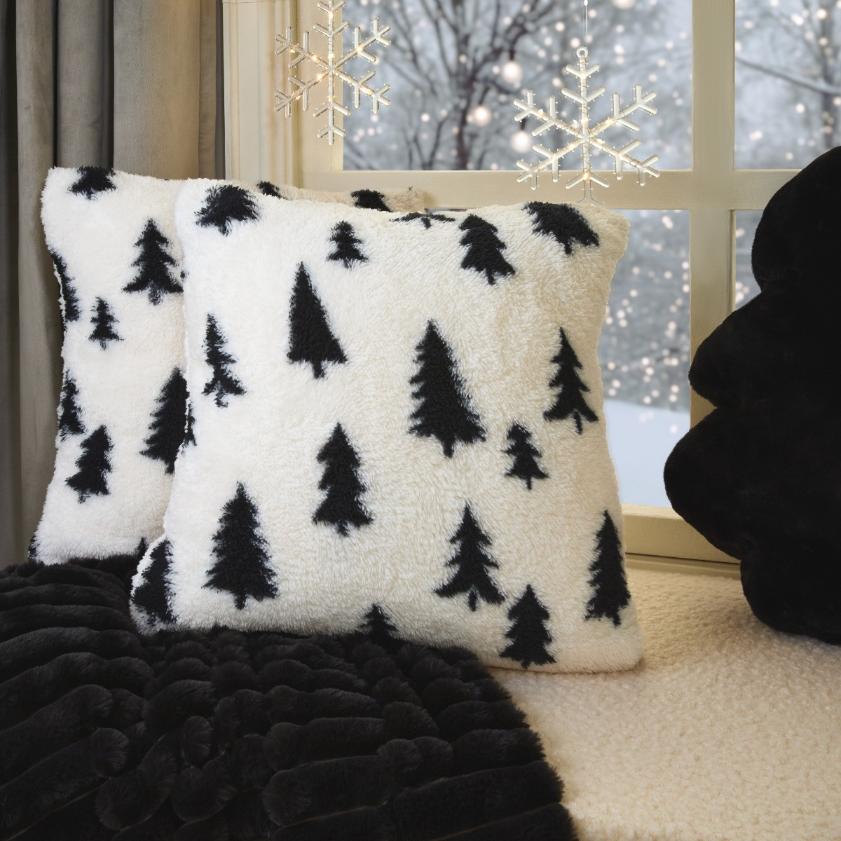 OHS Christmas Tree Print Teddy Cushion Covers - Monochrome>