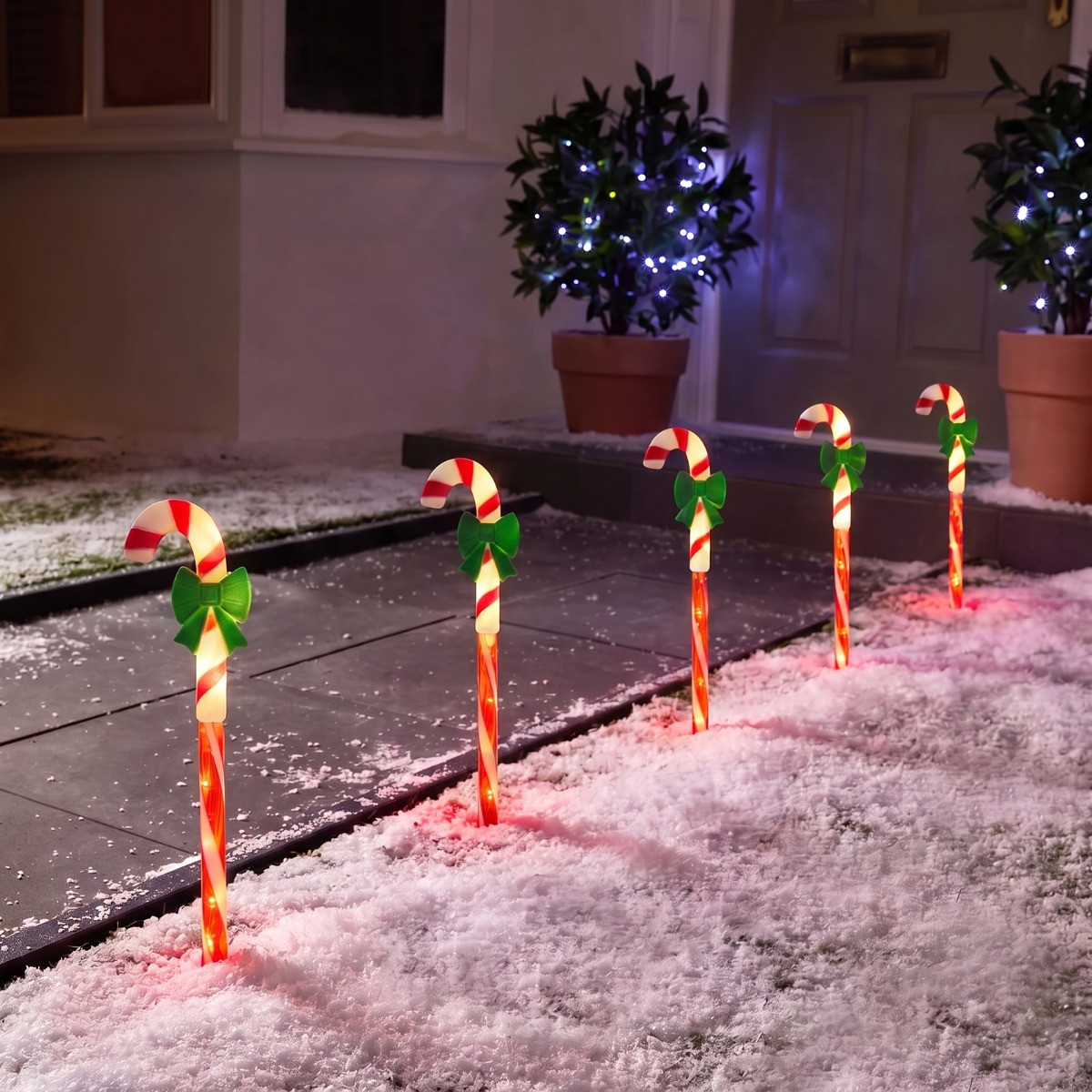 OHS 5 Pack Bow Candy Cane Stake Lights - Red/White>