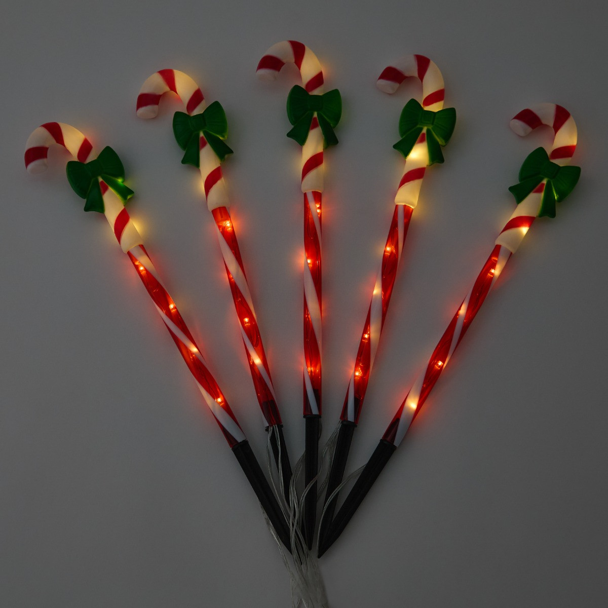 OHS 5 Pack Bow Candy Cane Stake Lights - Red/White>