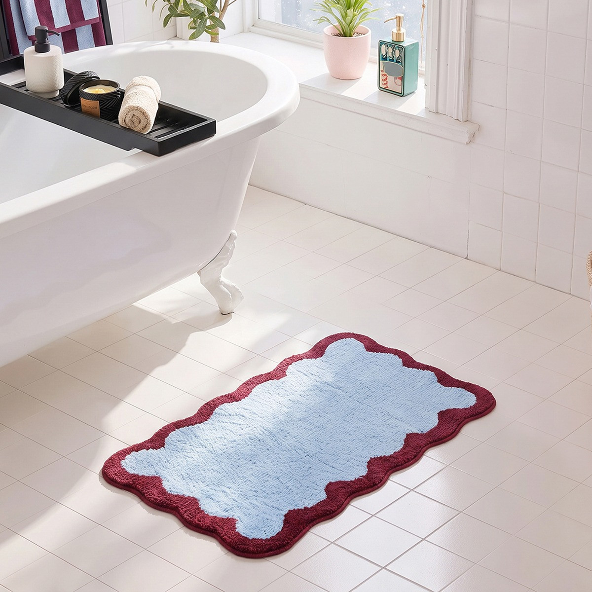 OHS Scallop Edge Tufted Bath Mat - Blue/Burgundy>