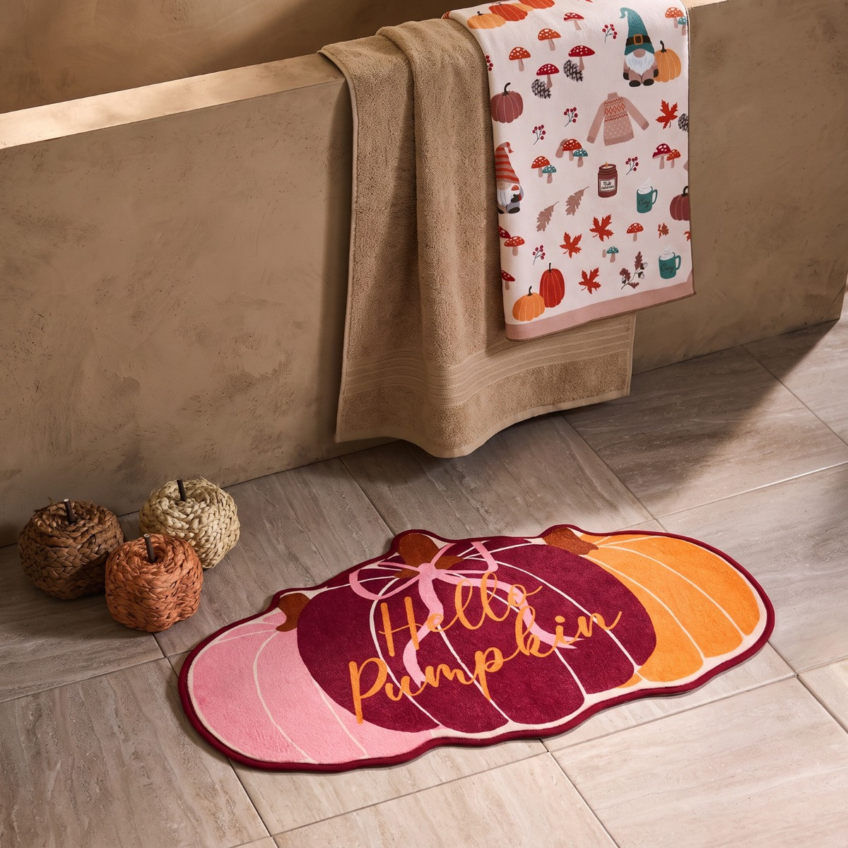 OHS Hello Pumpkin Slogan Printed Bath Mat - Multi>