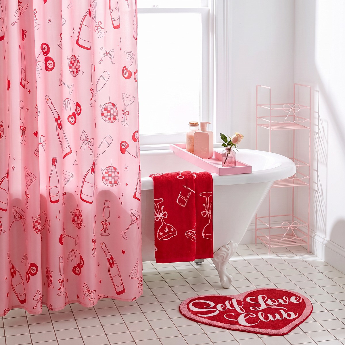 OHS Illustrated Bow Print Shower Curtain - Pink>
