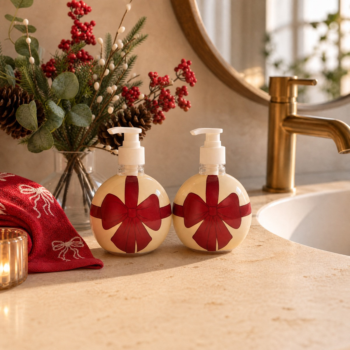 OHS 2 Pack Bow Bauble Soap Dispensers - Red>