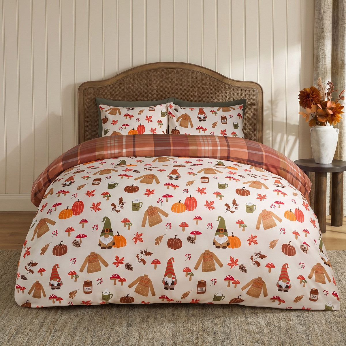 OHS Autumnal Novelty Checked Reversible Duvet Cover Set, Cream/Rust - Double >