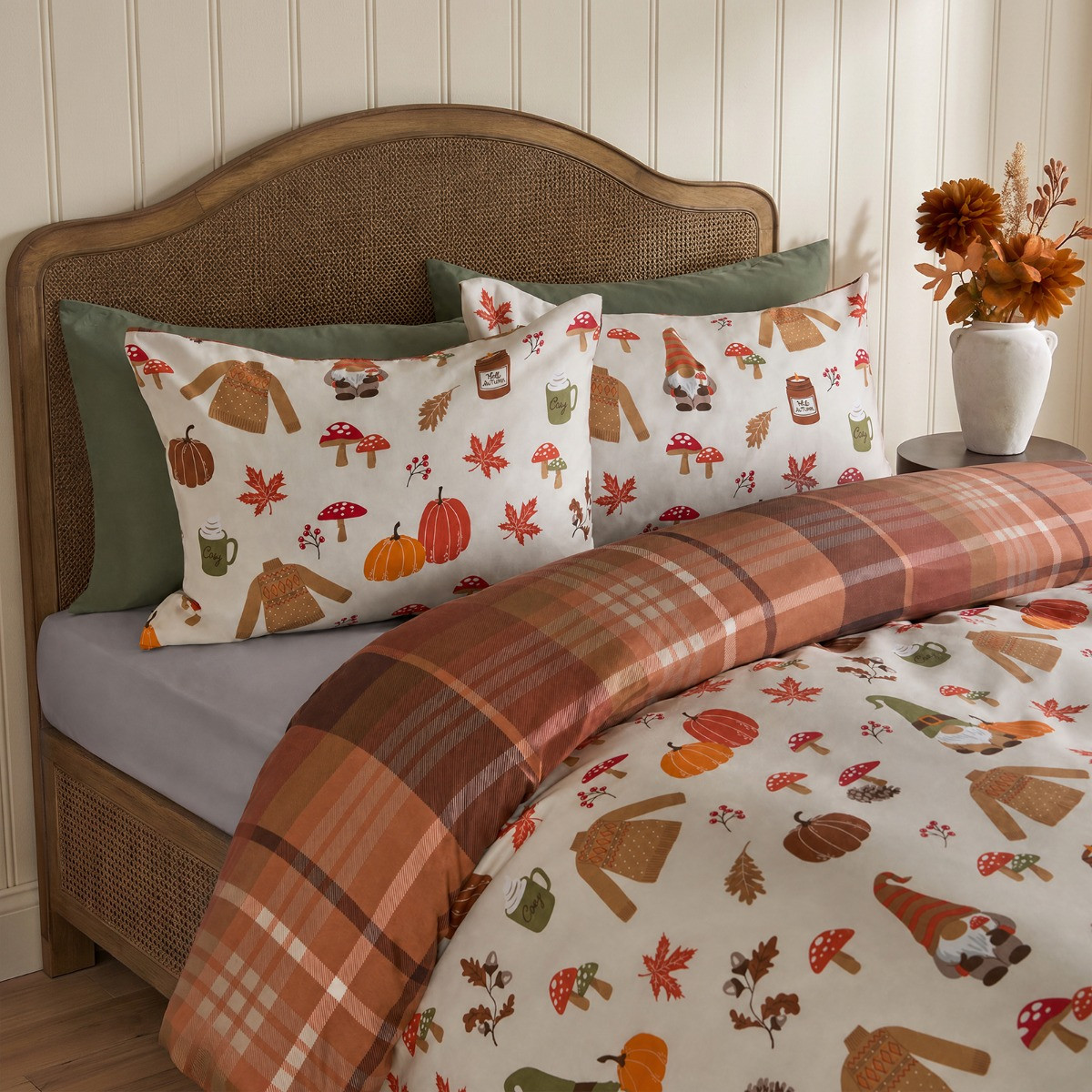 OHS Autumnal Novelty Checked Reversible Duvet Cover Set, Cream/Rust - Double >