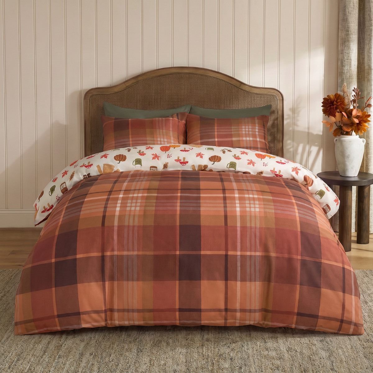 OHS Autumnal Novelty Checked Reversible Duvet Cover Set, Cream/Rust - Double >