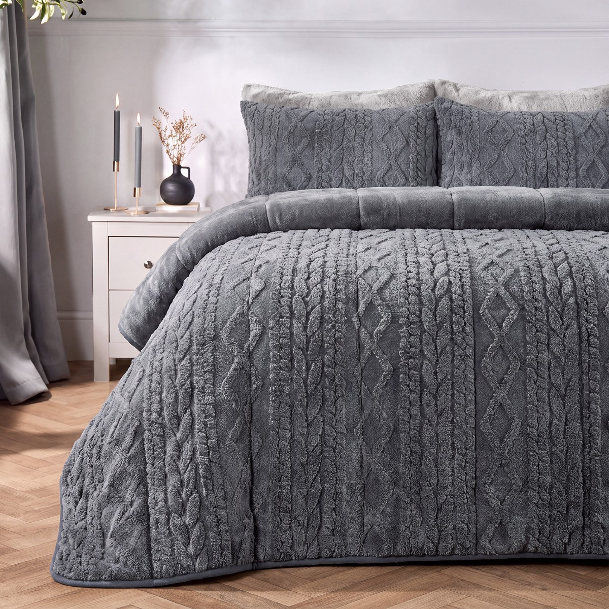 OHS Coverless Cable Knit 10.5 Tog Duvet Set - Grey>