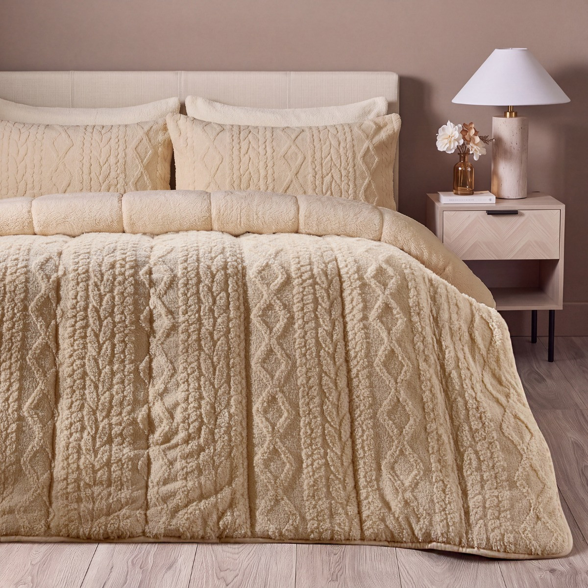 OHS Coverless Cable Knit 10.5 Tog Duvet Set, Cream - Double>