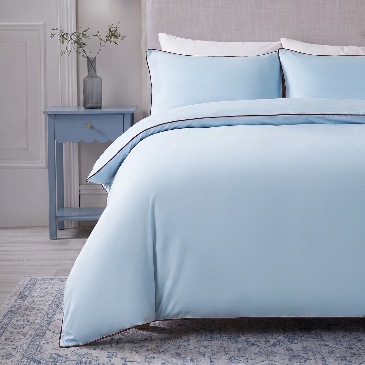 OHS Piped Edge Duvet Cover Set - Blue/Brown>