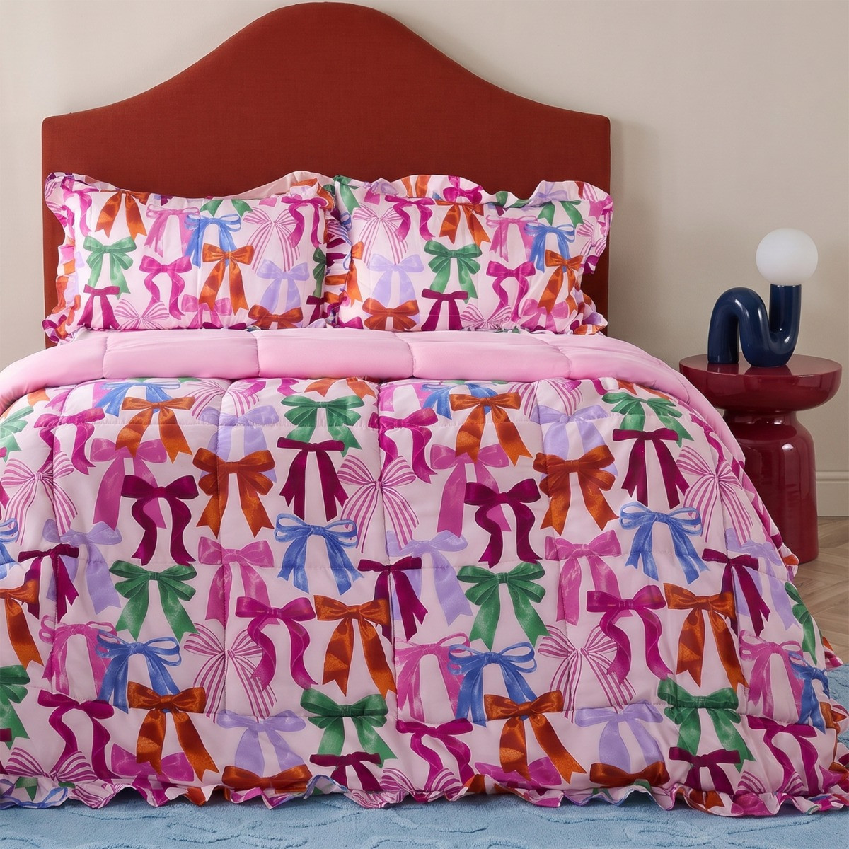 OHS Multi Bow Print Frill Edge 7.5 Tog Coverless Duvet Set - Multi>