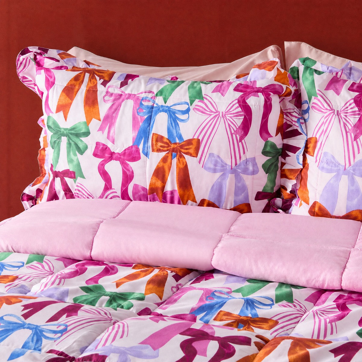 OHS Multi Bow Print Frill Edge 7.5 Tog Coverless Duvet Set - Multi>