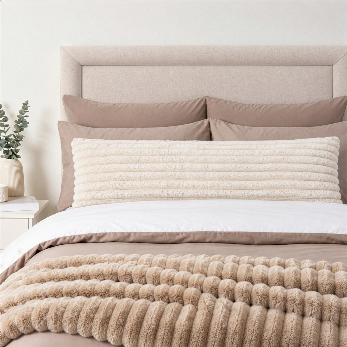 OHS Ribbed Faux Fur Bolster Pillow - Ivory>