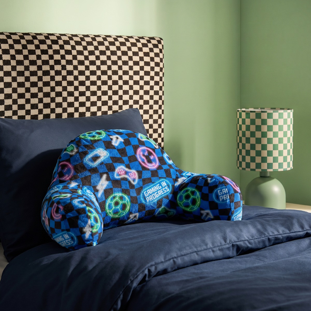 OHS Kids Gaming Checkerboard Print Cuddle Cushion - Blue>