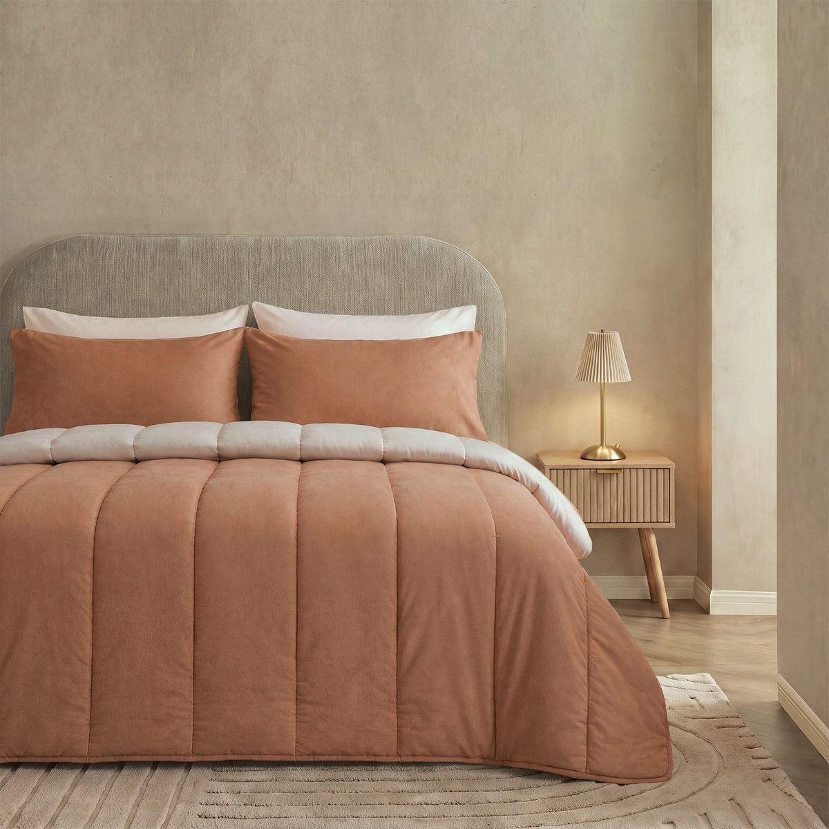 OHS Coverless 10.5 Tog Reversible Duvet Set - Stone/Toffee>