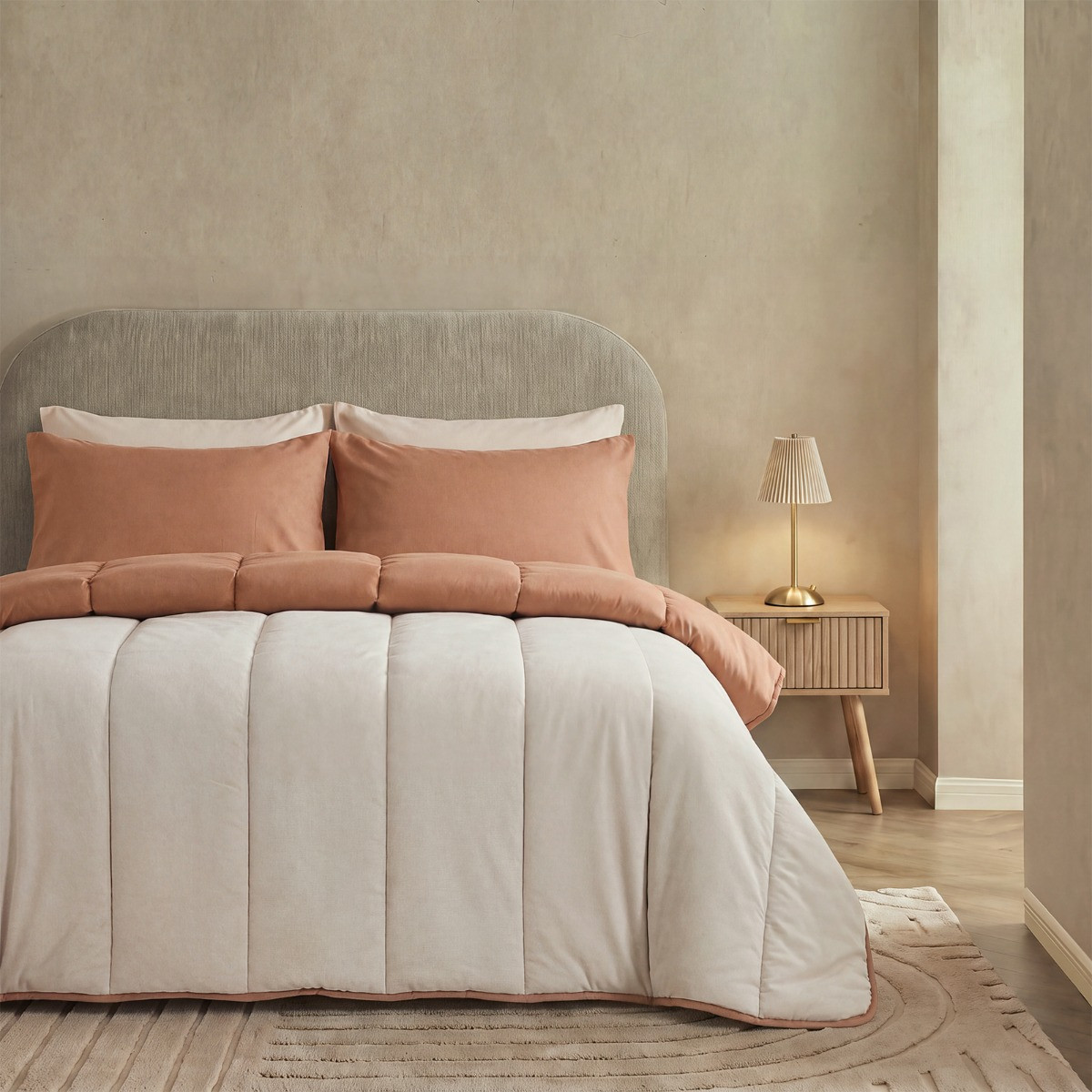 OHS Coverless 10.5 Tog Reversible Duvet Set - Stone/Toffee>