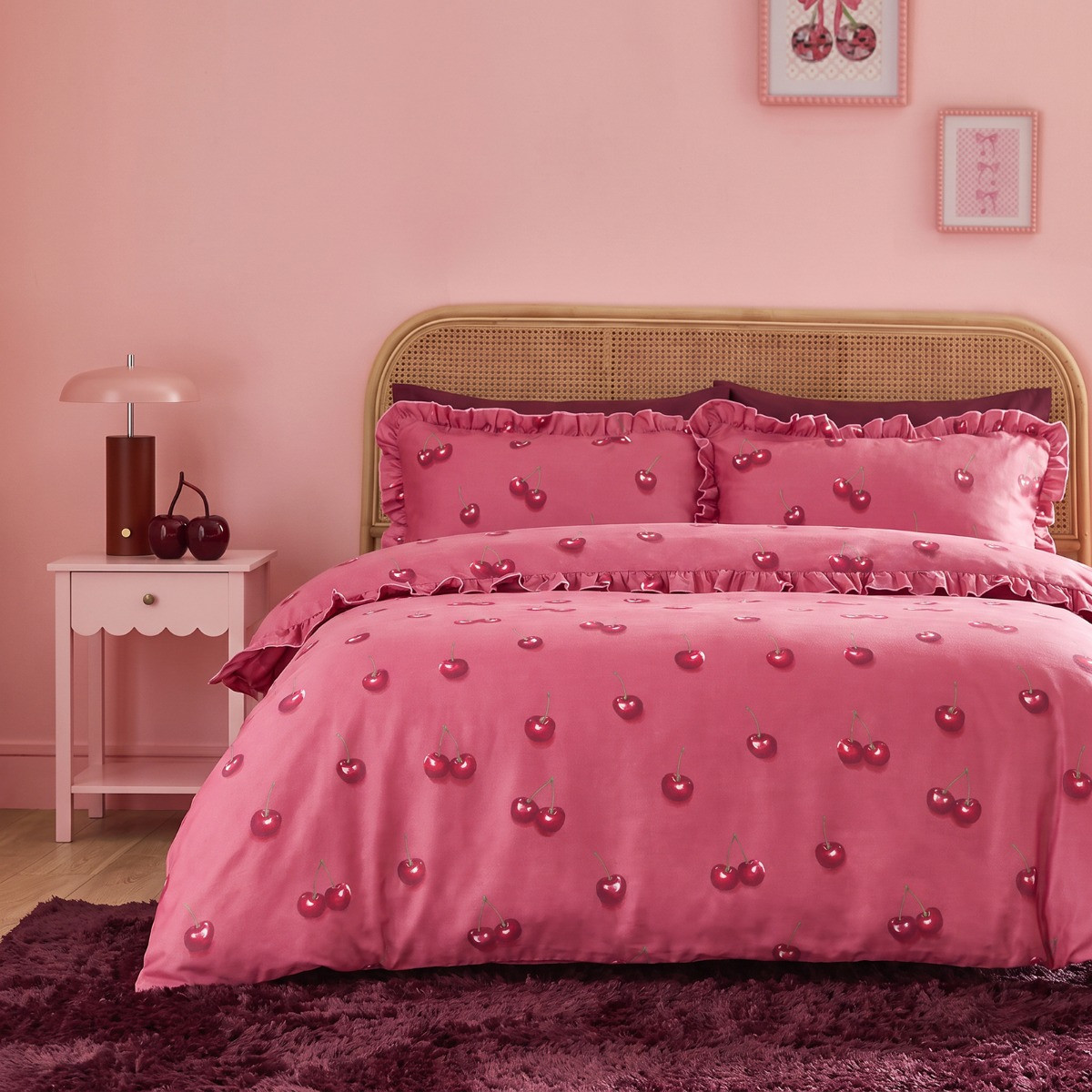 OHS Cherry Printed Frill Edge Duvet Cover Set - Burgundy/Plum>