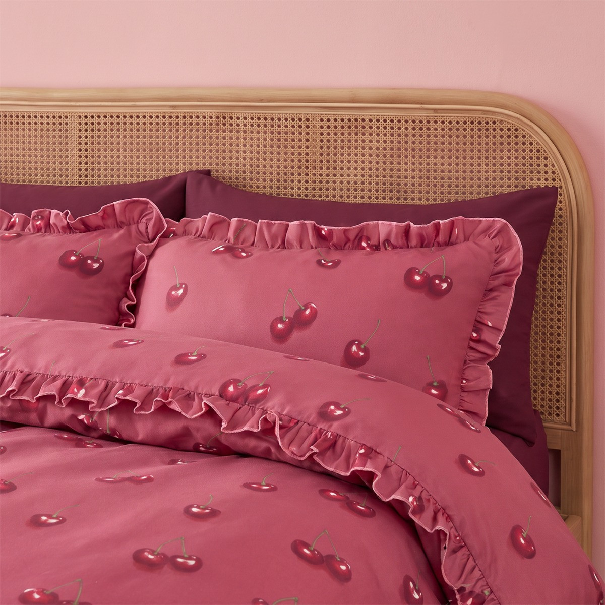 OHS Cherry Printed Frill Edge Duvet Cover Set - Burgundy/Plum>