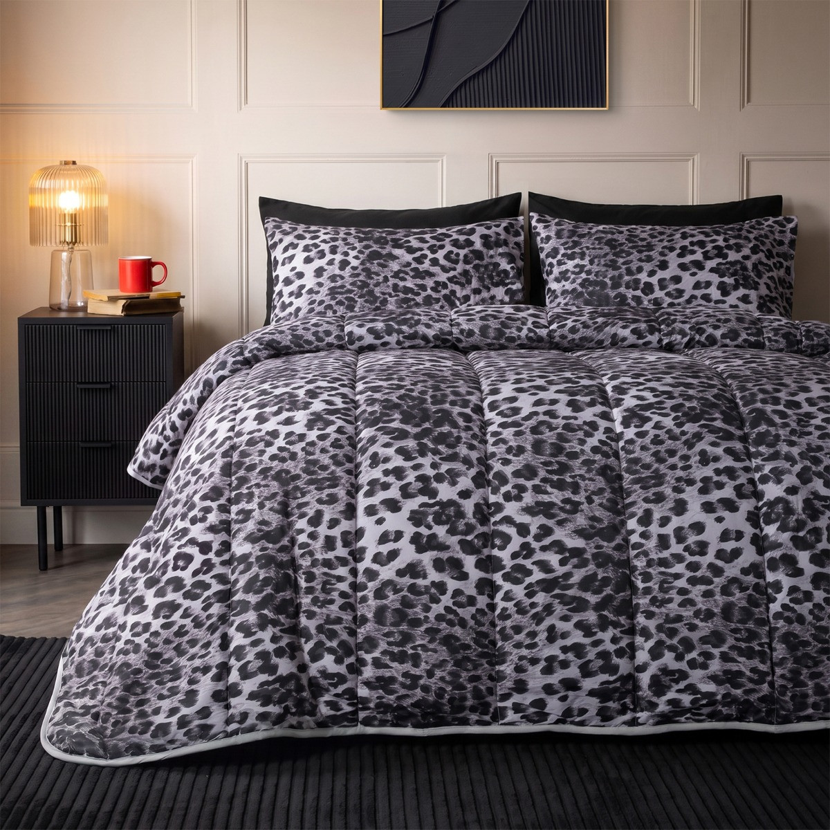 OHS Leopard Print Coverless 10.5 Tog Duvet Set - Monochrome>