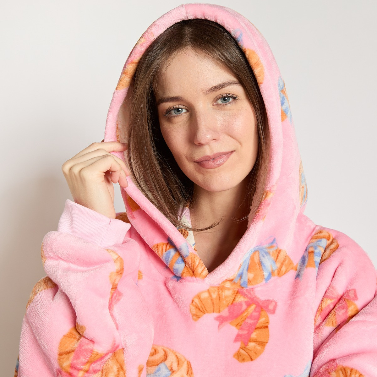 OHS Supersoft Adults Croissant Print Hoodie Blanket - Blush>