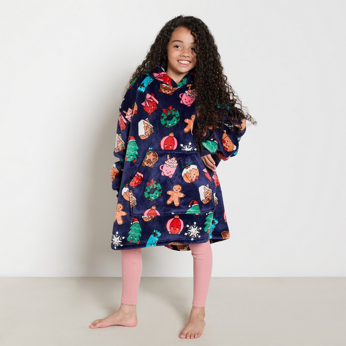 OHS Supersoft Kids Christmas Sweetie Pies Print Hoodie Blanket - Navy>