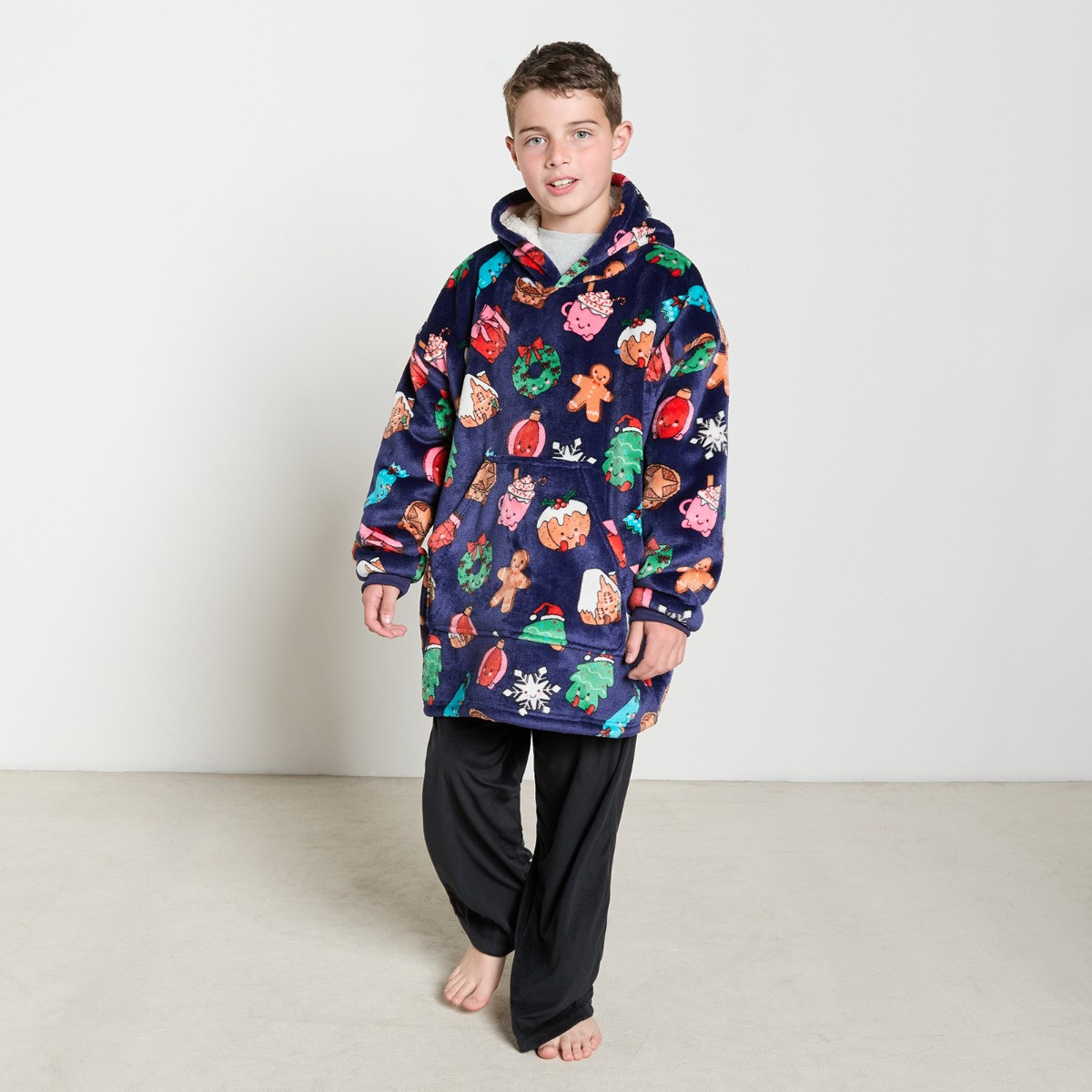 OHS Supersoft Kids Christmas Sweetie Pies Print Hoodie Blanket - Navy>