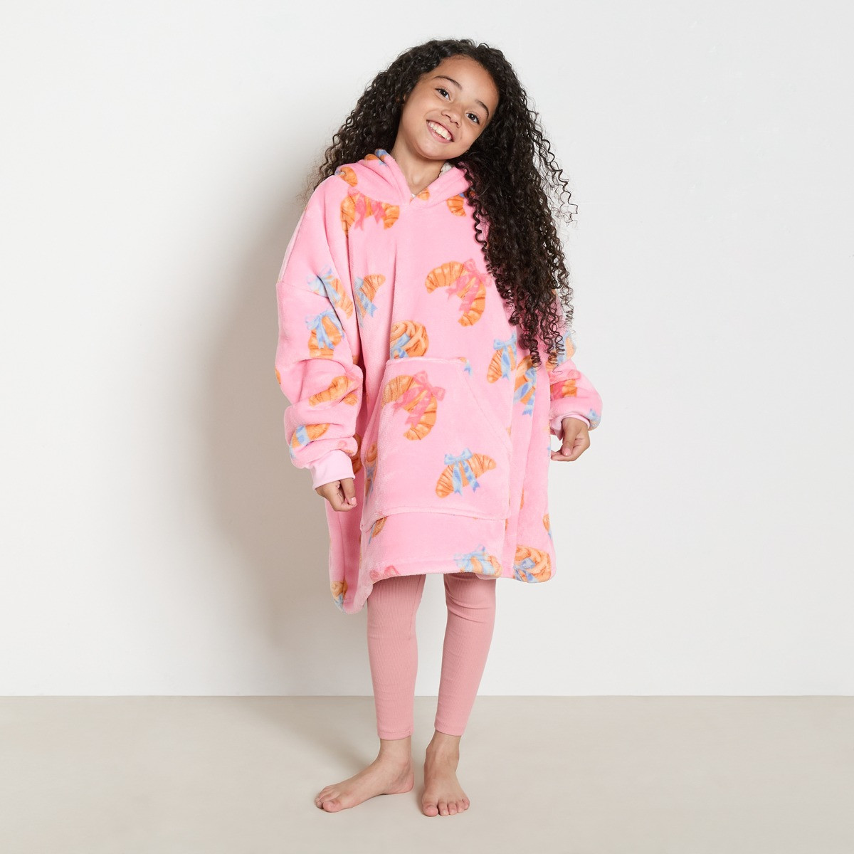 OHS Supersoft Kids Croissant Bow Print Hoodie Blanket - Pink>