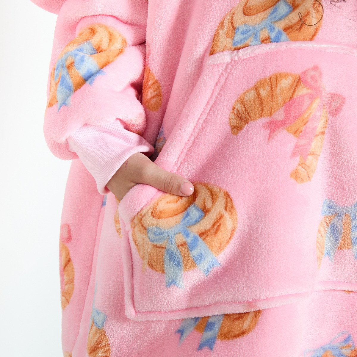 OHS Supersoft Kids Croissant Bow Print Hoodie Blanket - Pink>
