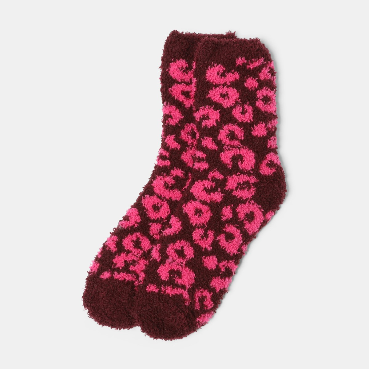 OHS Leopard Print Fluffy Fleece Socks, Burgundy/Hot Pink - 3 Pack>