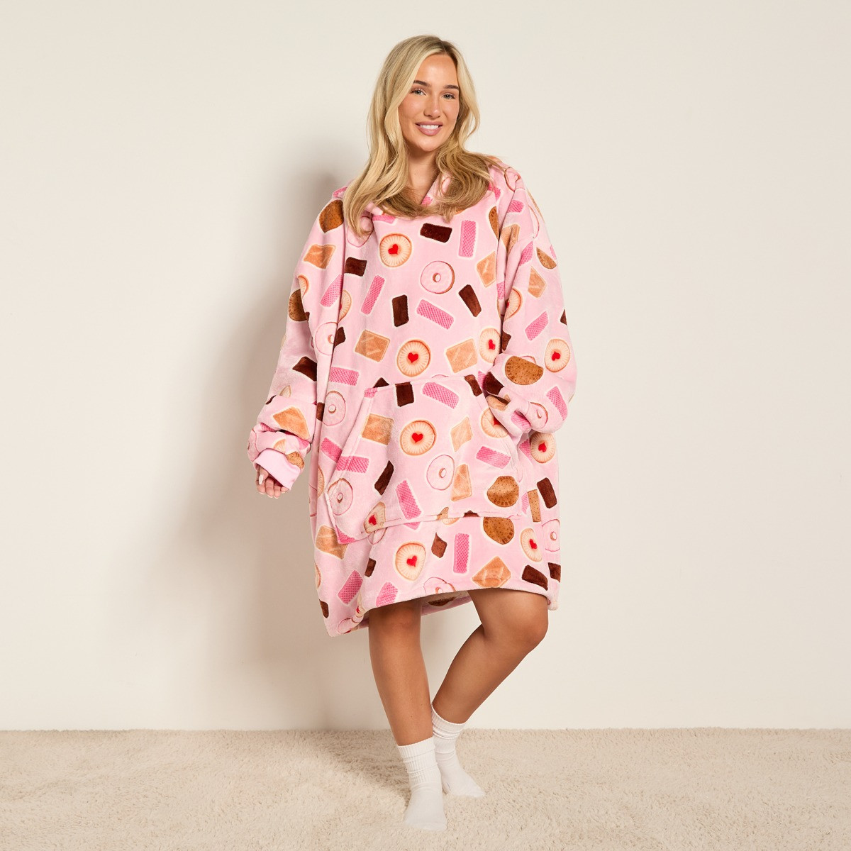 OHS Biscuit Print Hoodie Blanket - Pink>