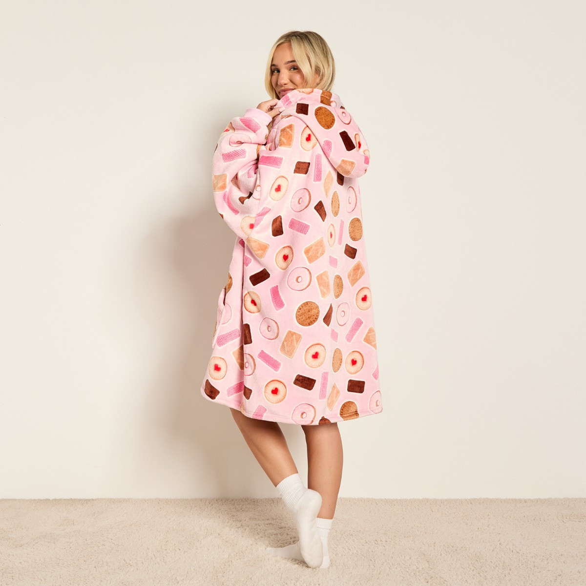 OHS Biscuit Print Hoodie Blanket - Pink>