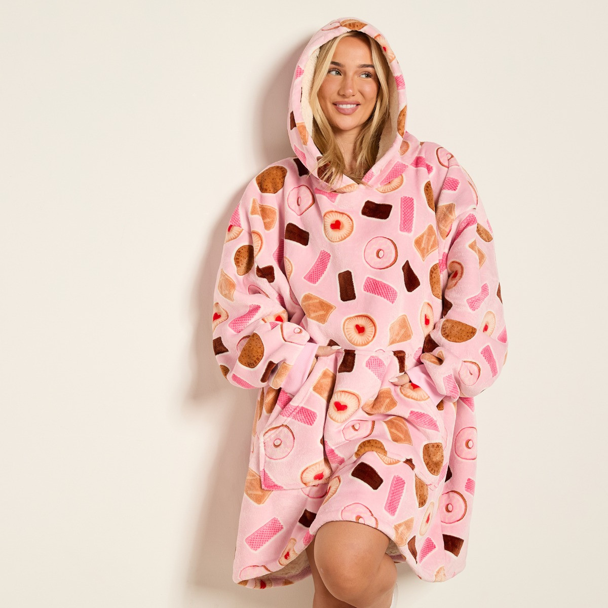 OHS Biscuit Print Hoodie Blanket - Pink>