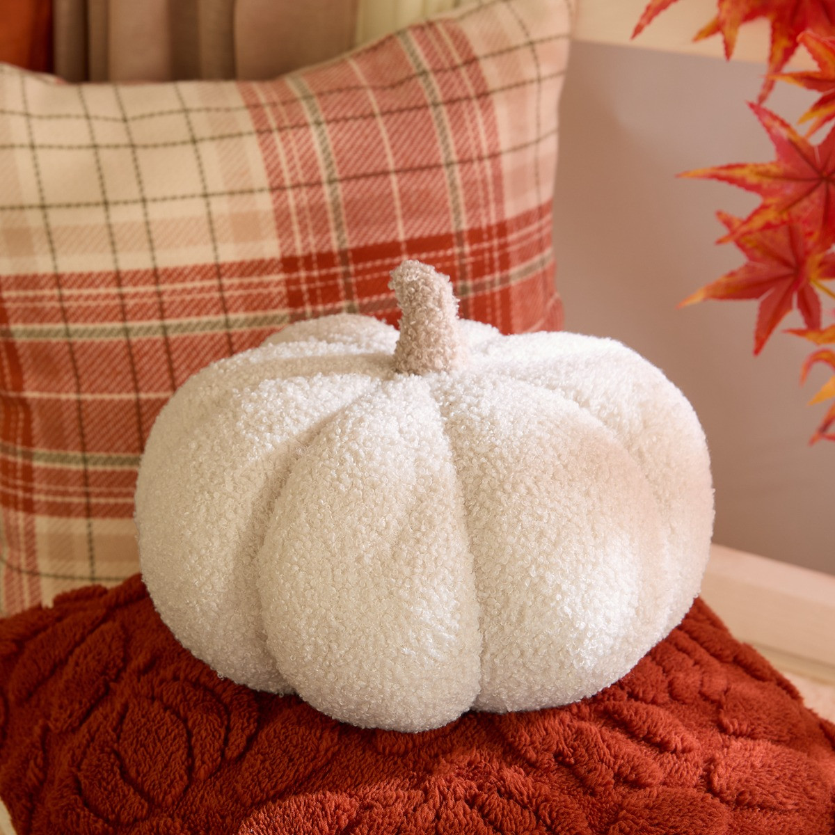OHS Boucle Autumn Decorative Pumpkin Cushion - Cream>