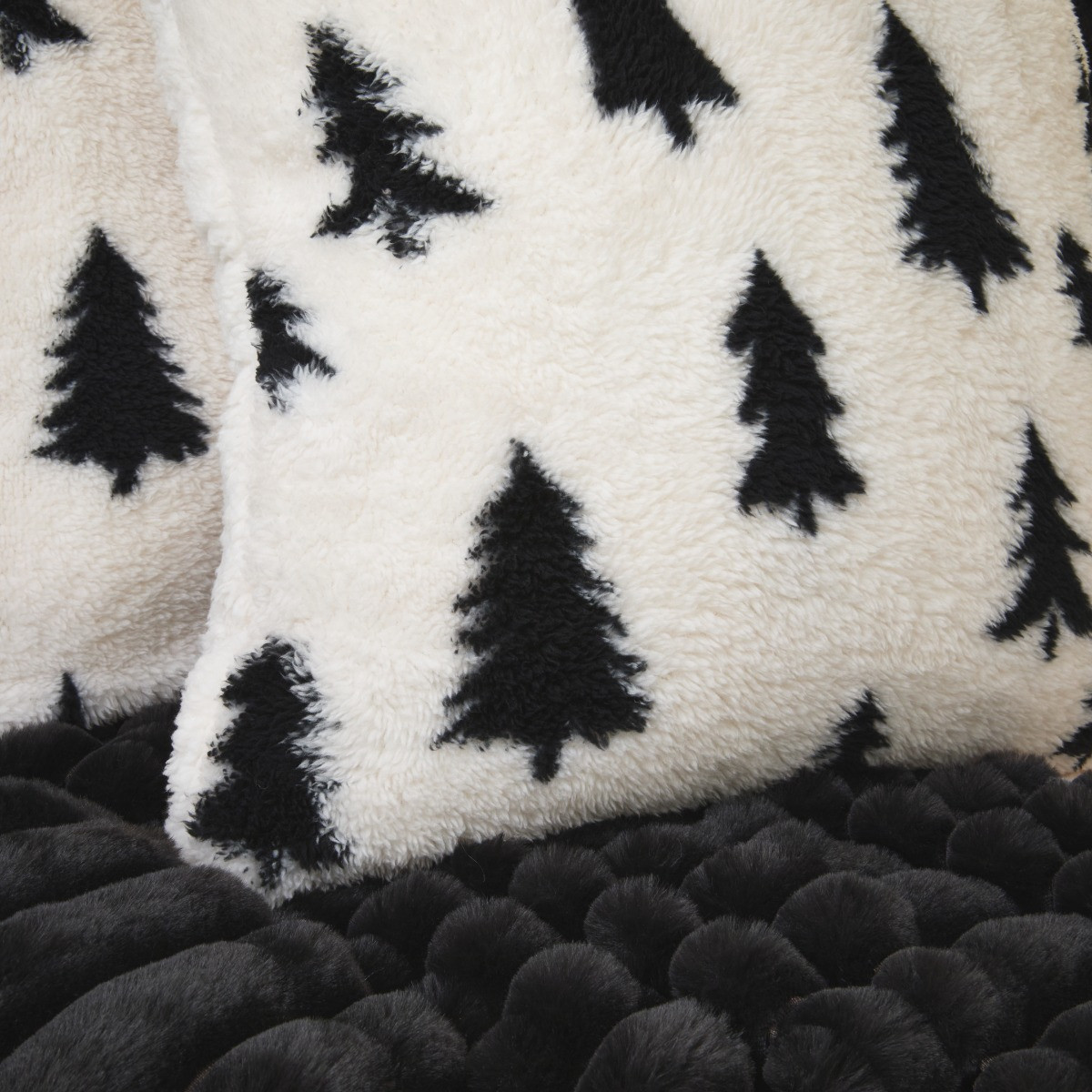 OHS Christmas Tree Print Teddy Cushion Covers, Monochrome - 45 x 45cm>