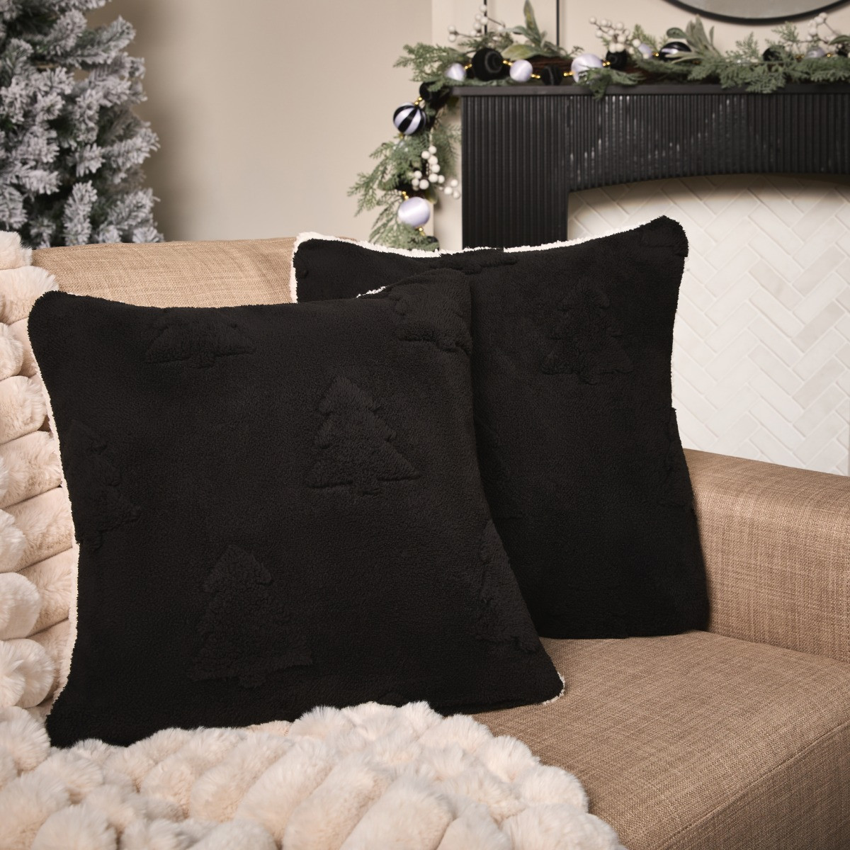 OHS Tufted Winter Tree Cushion Covers - Black>