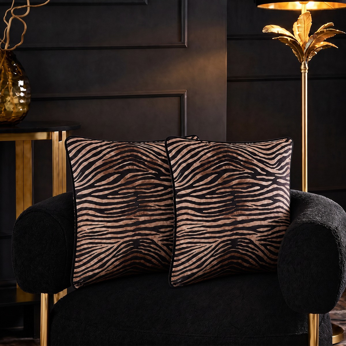 OHS Zebra Print Matte Velvet Cushion Covers - Black>