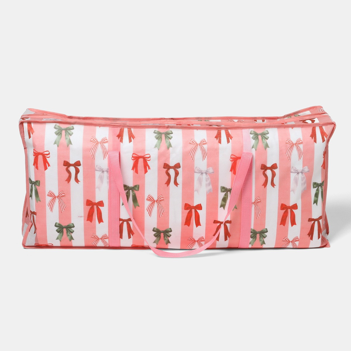 OHS Multi Bow Stripe Christmas Wrap Storage Bag - Pink/White>